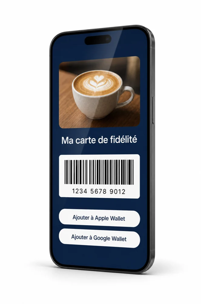 Un smartphone affichant une carte de fidélité digitale avec code-barres, prête à être ajoutée à Apple Wallet ou Google Wallet.