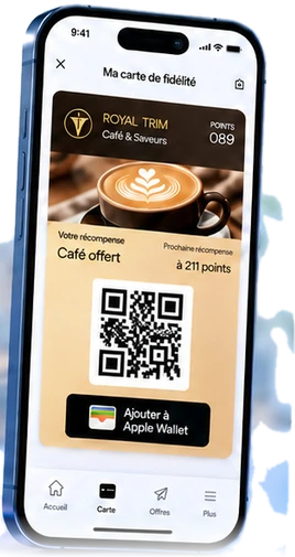 Téléphone affichant la carte de fidélité Royal Trim dans l’application Fidclic, avec son QR code.