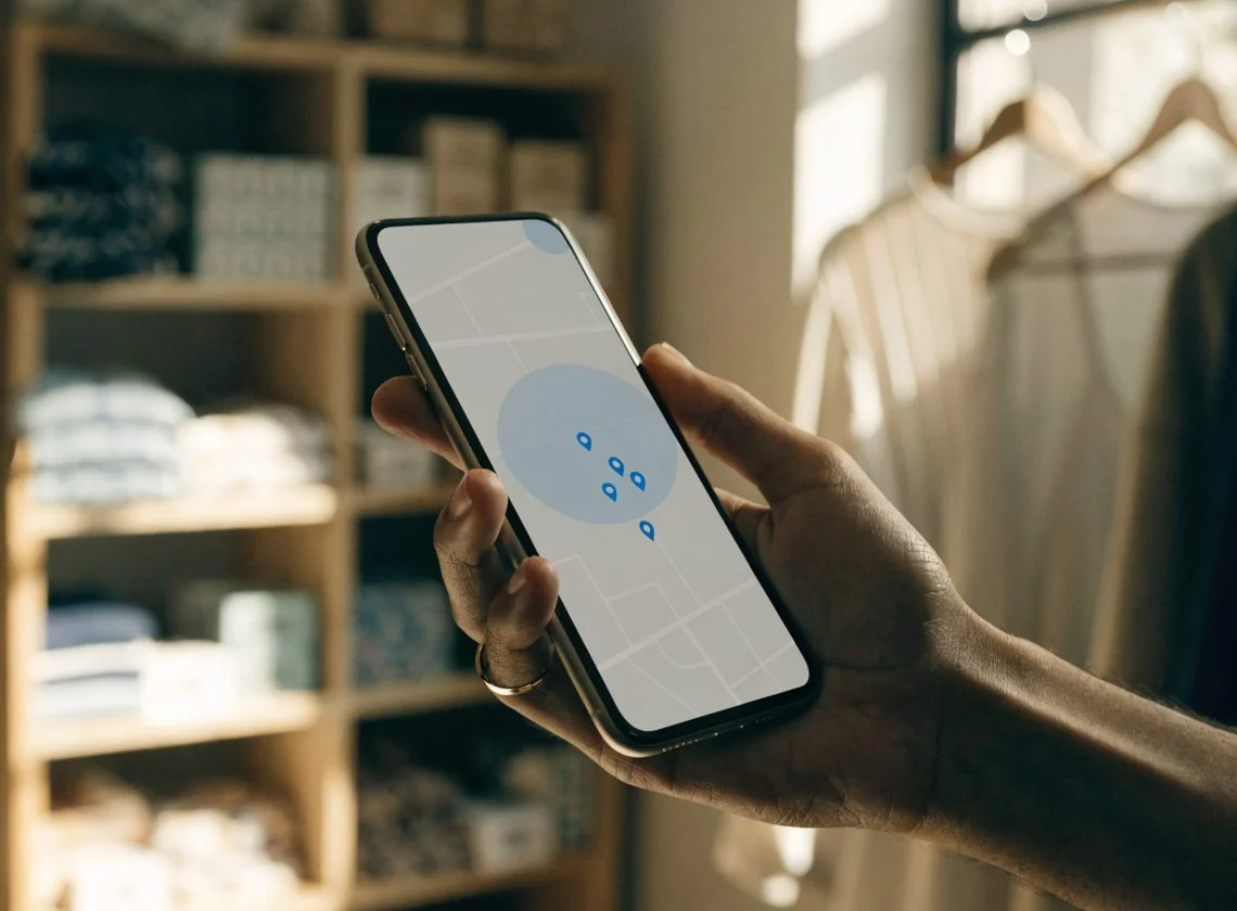 Un smartphone affichant une carte de zones clients aux repères bleus, dans une boutique.