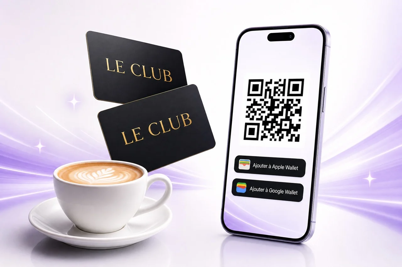 Deux cartes de fidélité noires « LE CLUB », une tasse de café et un smartphone affichant une carte de fidélité à QR code.