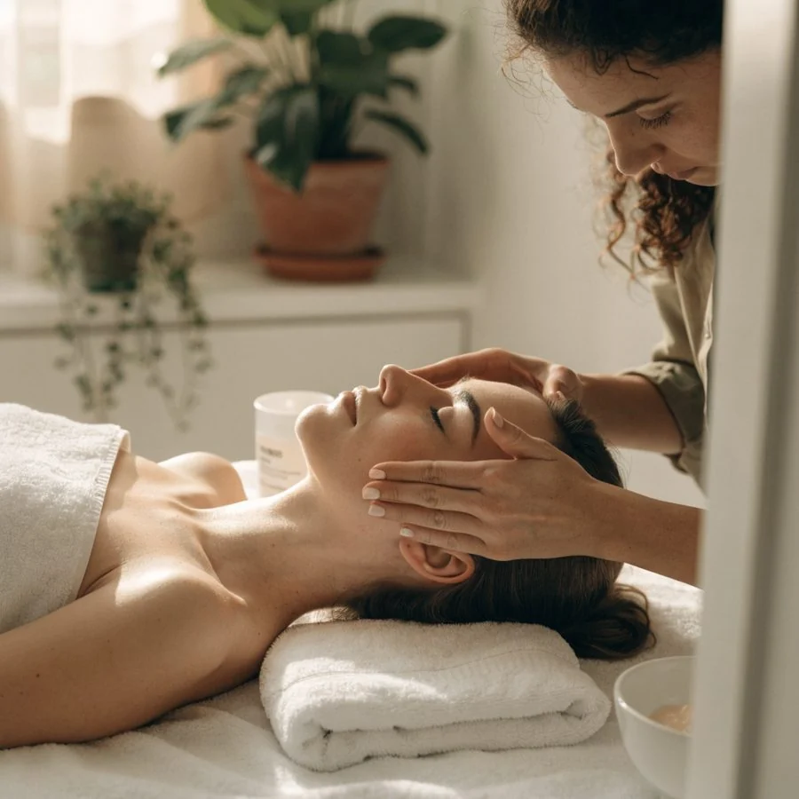 Une cliente reçoit un soin du visage dans un institut de beauté.