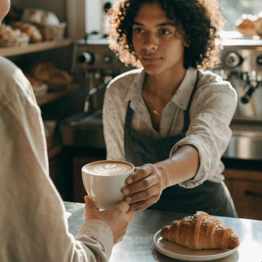 Un barista sert un café latte au comptoir d’un café de spécialité.