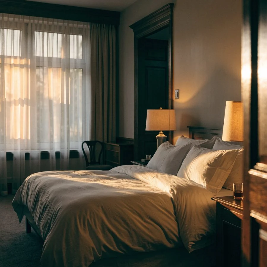 Chambre d’hôtel de charme, lit soigné et lumière chaude du soir.