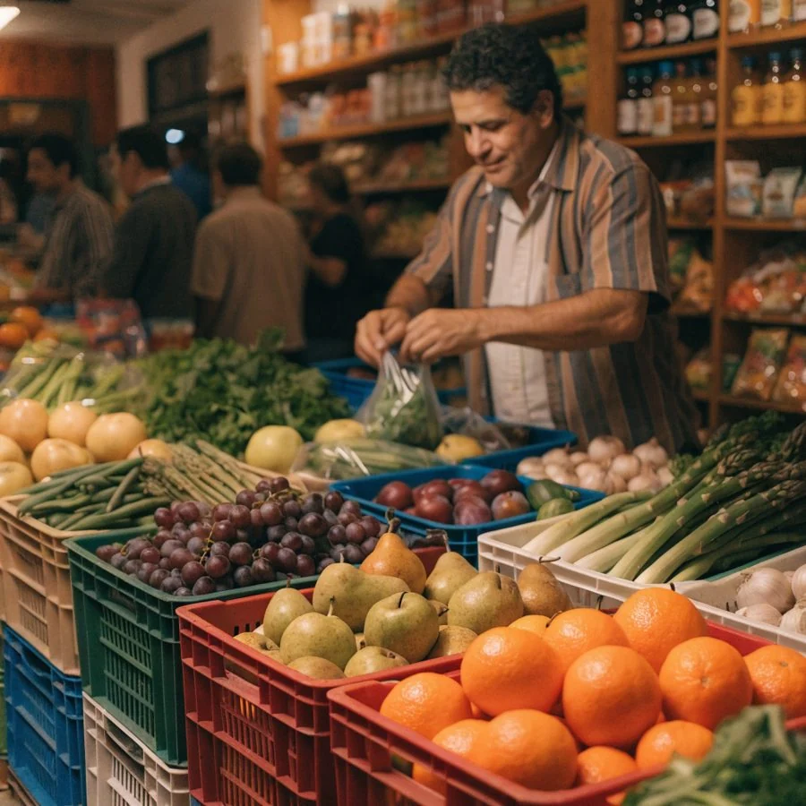 Étals de fruits et légumes frais dans une épicerie de quartier, commerçant en arrière-plan.