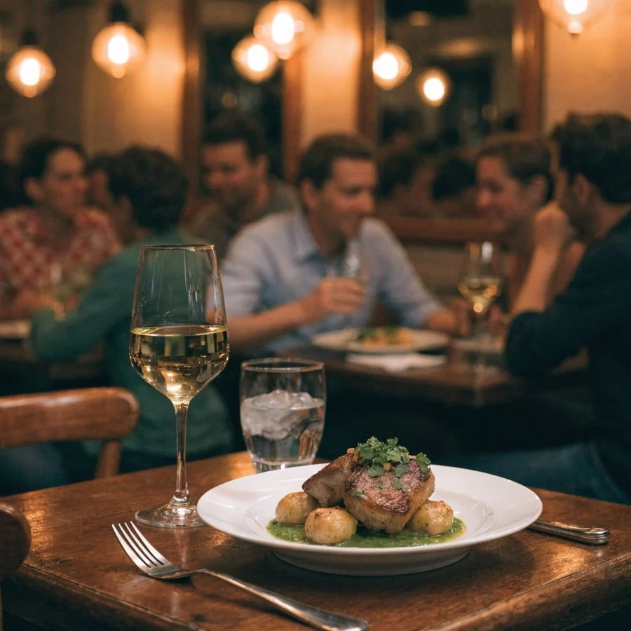 Une assiette dressée sur la table d’un bistrot de quartier, clients attablés en arrière-plan.